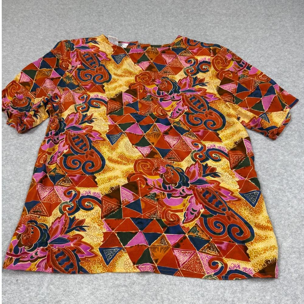 Vintage Tess Silk Blouse Printed Shoulder Pads Womens Size M